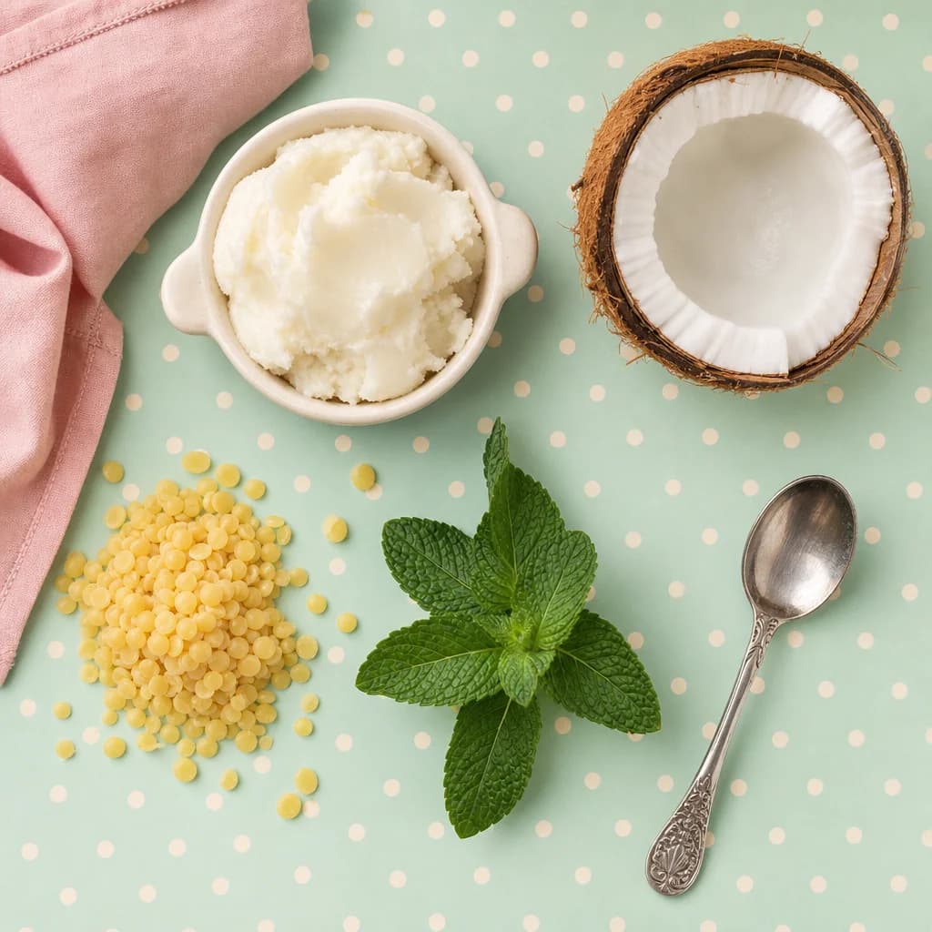 Tallow, beeswax, coconut and mint laid out on a mint-green surface