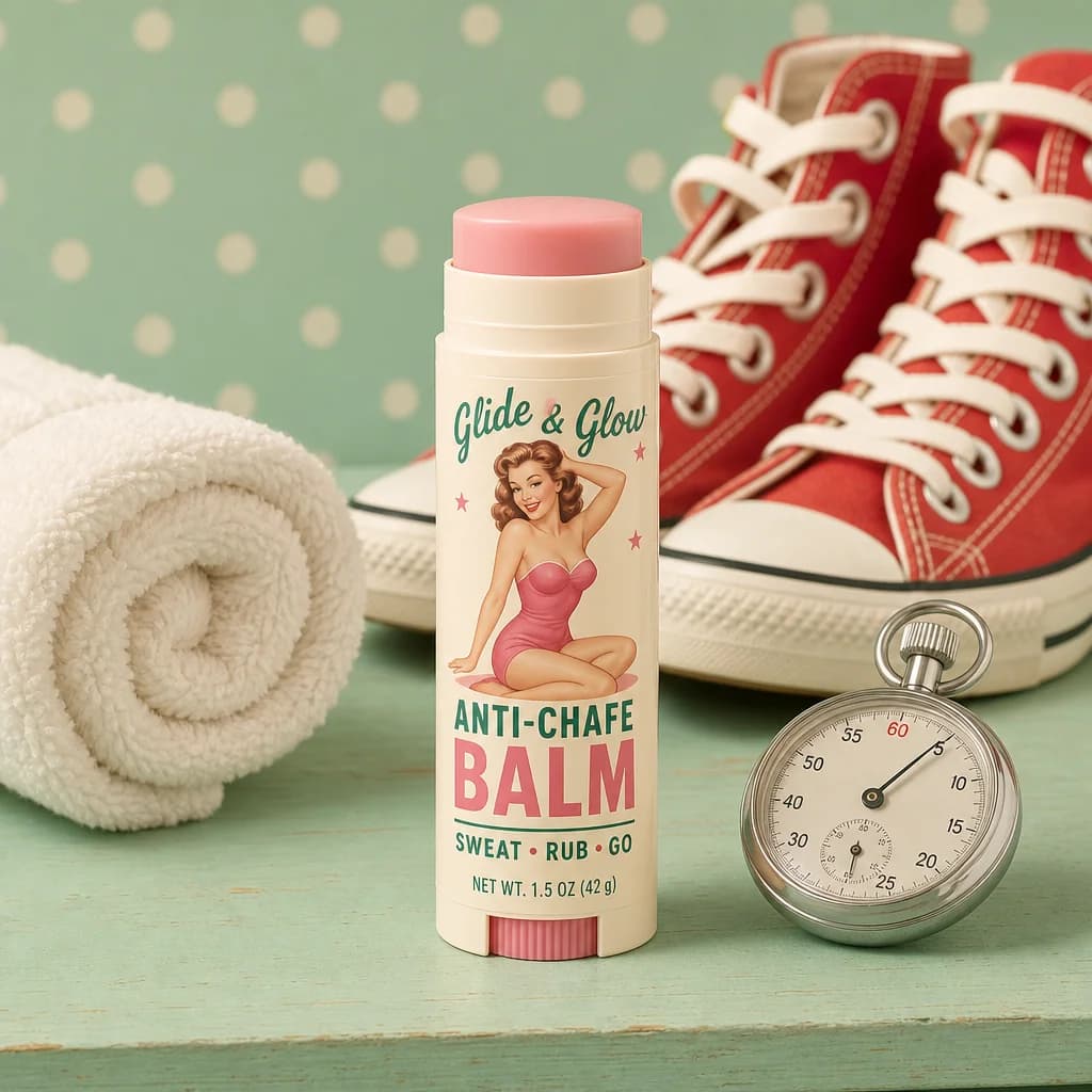 Bottoms Up anti-chafe stick with a towel and sneakers
